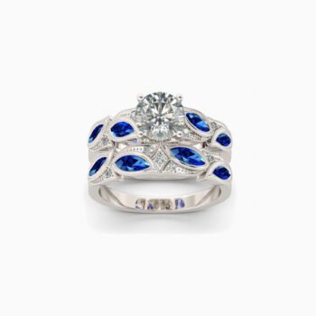 Conjunto de Anéis de Noivado em Ouro Branco 14k com Diamante Central e Safiras